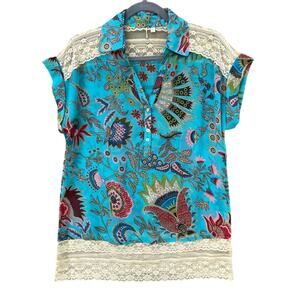 New Just Pearls Womens Medium Sheer/Lace Short Sleeve Floral Summer Blouse